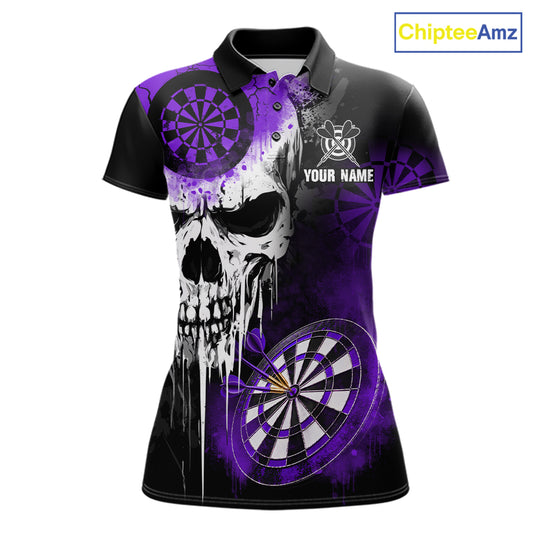 Personalized Purple Grunge Skull Darts Shirt For Women Custom Darts Jersey Team Polo & 1/4 Zip TDM6431