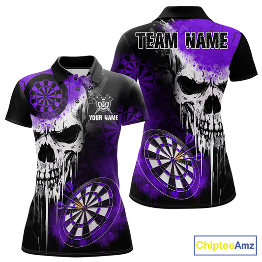 Personalized Purple Grunge Skull Darts Shirt For Women Custom Darts Jersey Team Polo & 1/4 Zip TDM6431