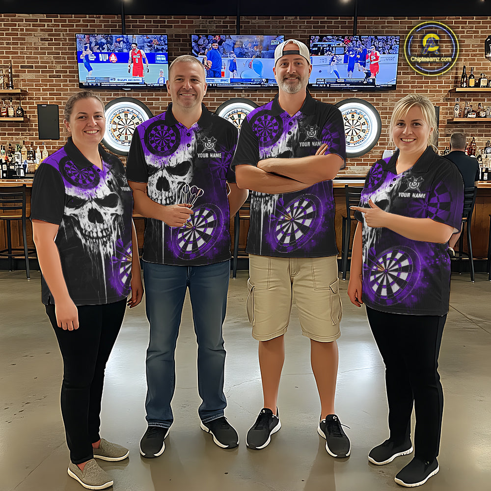 Personalized Purple Grunge Skull Darts Shirt For Men Custom Darts Jersey Team Polo & 1/4 Zip TDM6431