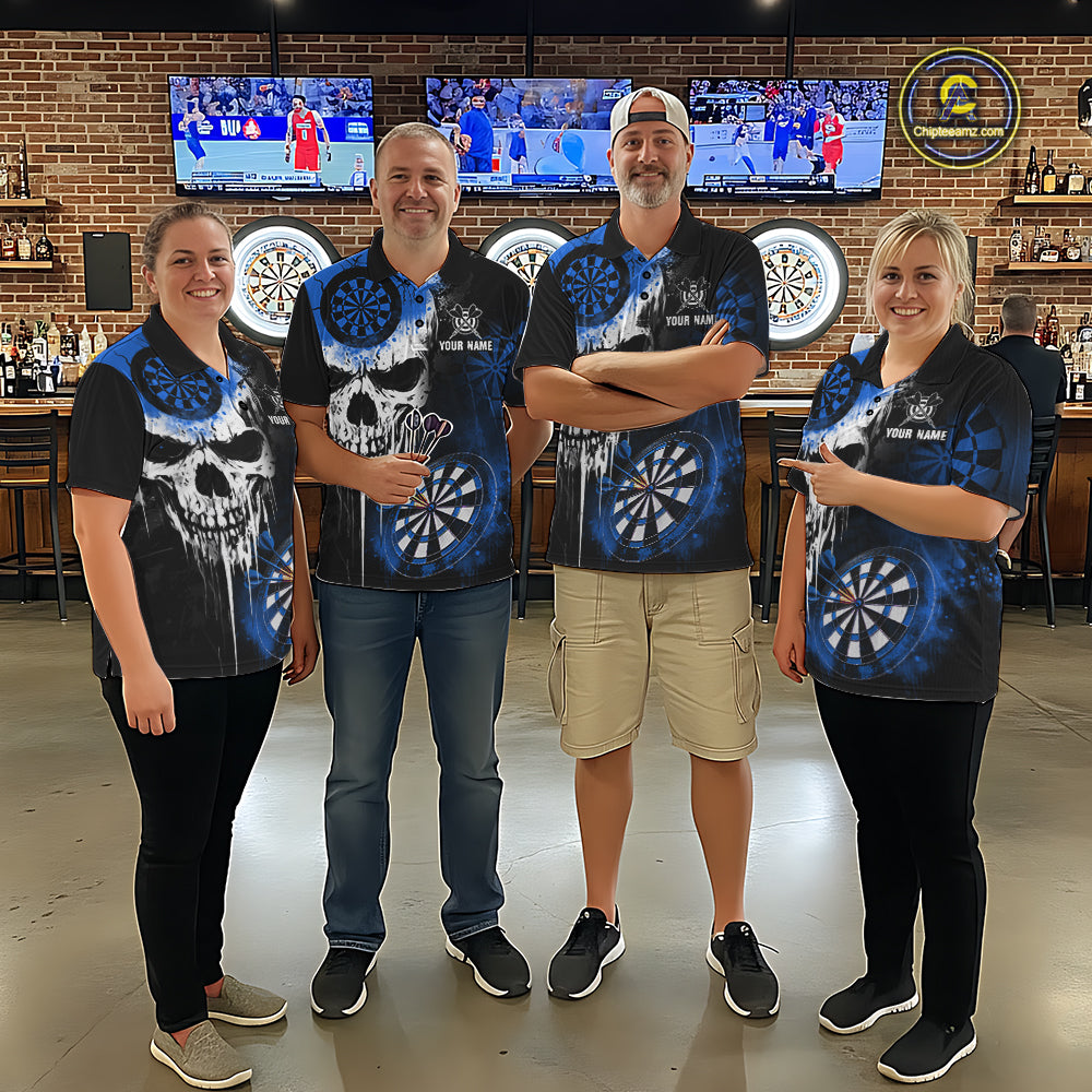 Personalized Blue Grunge Skull Darts Shirt For Men Custom Darts Jersey Team Polo & 1/4 Zip TDM6432