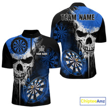 Load image into Gallery viewer, Personalized Blue Grunge Skull Darts Shirt For Men Custom Darts Jersey Team Polo &amp; 1/4 Zip TDM6432
