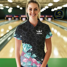 Load image into Gallery viewer, Woman wearing a pink and turquoise diamond bowling polo shirt in a bowling alley, featuring customizable player name and team name text.