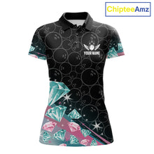 Load image into Gallery viewer, Women's bowling polo shirt with pink and turquoise diamond graphics, featuring customizable player name and team name text.