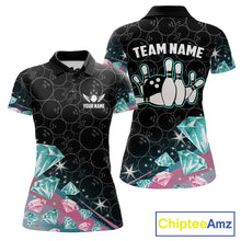 Load image into Gallery viewer, Women's bowling polo shirt with pink and turquoise diamond graphics, featuring customizable player name and team name text.