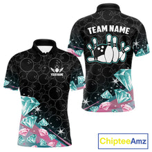 Load image into Gallery viewer, Men's bowling polo shirt with pink and turquoise diamond graphics, featuring customizable player name and team name text.