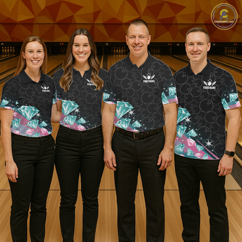 Funny Pink And Turquoise Diamonds Bowling Shirt For Men, Custom Bowling Team Jersey Polo & 1/4 Zip TDM6627