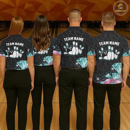 Funny Pink And Turquoise Diamonds Bowling Shirt For Men, Custom Bowling Team Jersey Polo & 1/4 Zip TDM6627