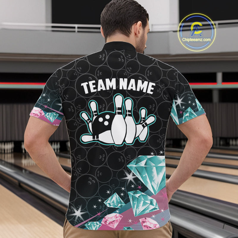 Funny Pink And Turquoise Diamonds Bowling Shirt For Men, Custom Bowling Team Jersey Polo & 1/4 Zip TDM6627