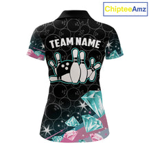 Load image into Gallery viewer, Women's bowling polo shirt with pink and turquoise diamond graphics, featuring customizable player name and team name text.