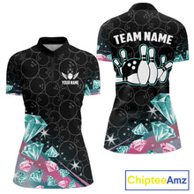 Load image into Gallery viewer, Women's bowling quarter zip shirt with pink and turquoise diamond graphics, featuring customizable player name and team name text.