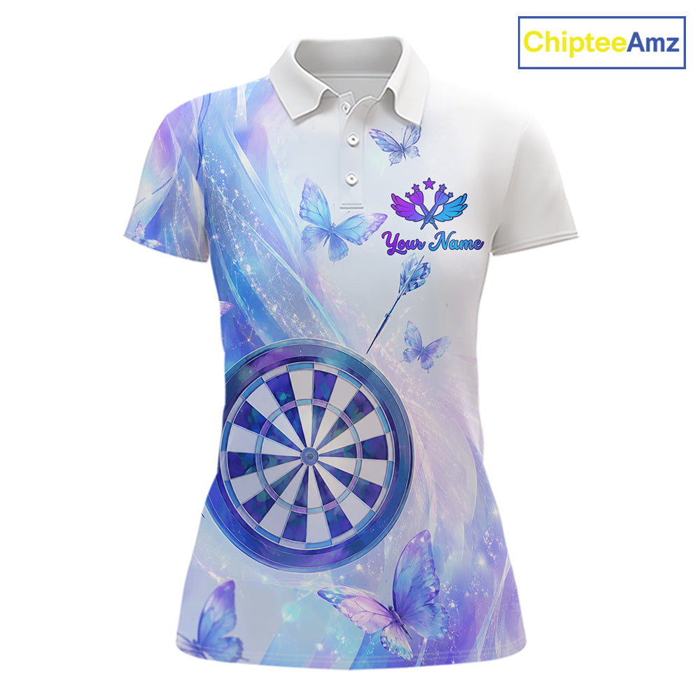 Polo shirt with butterfly and dart design on a pastel background, featuring customizable "Your Name" and "Team Name" 