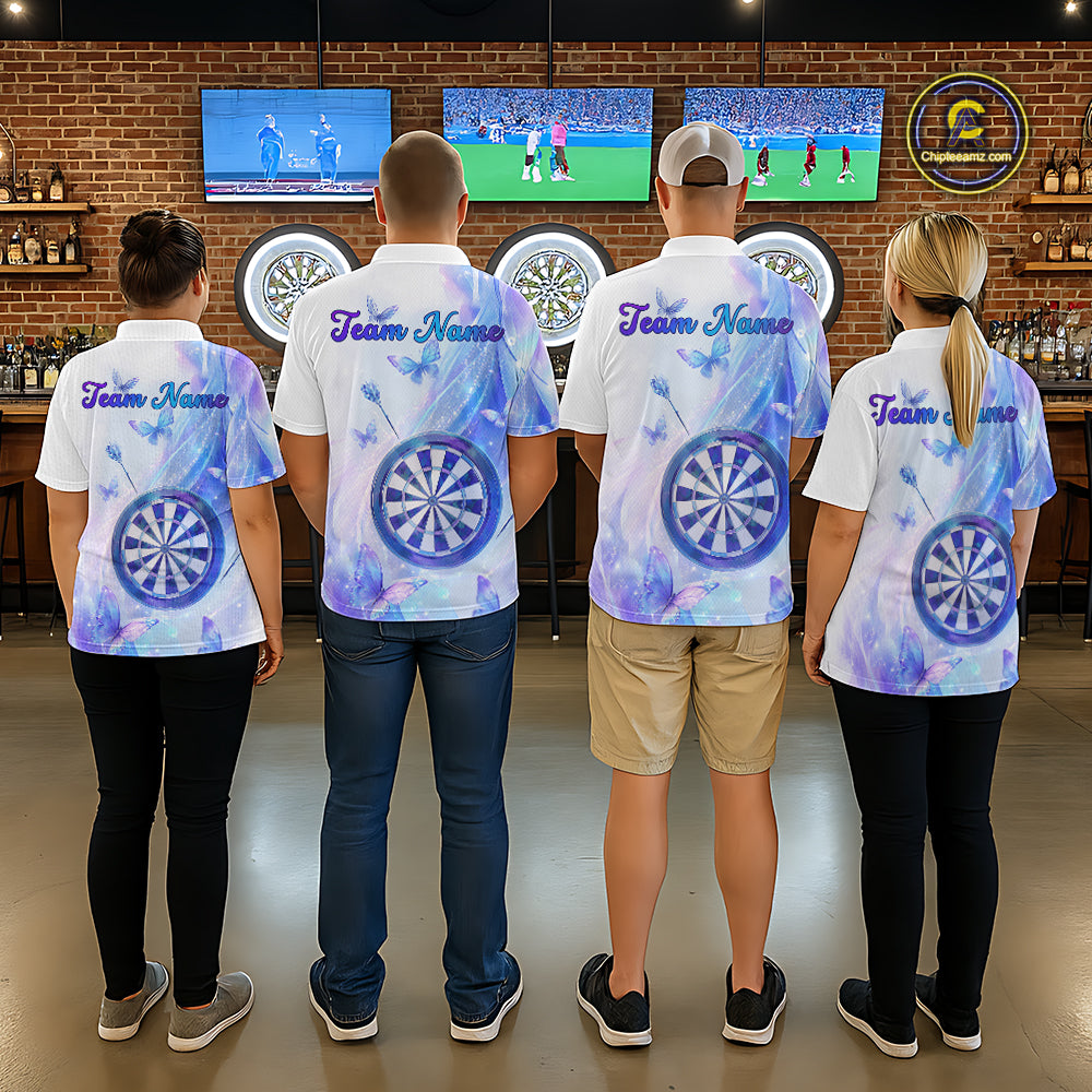 Four people in matching holographic pastel darts shirts standing in a bar with butterfly graphic 