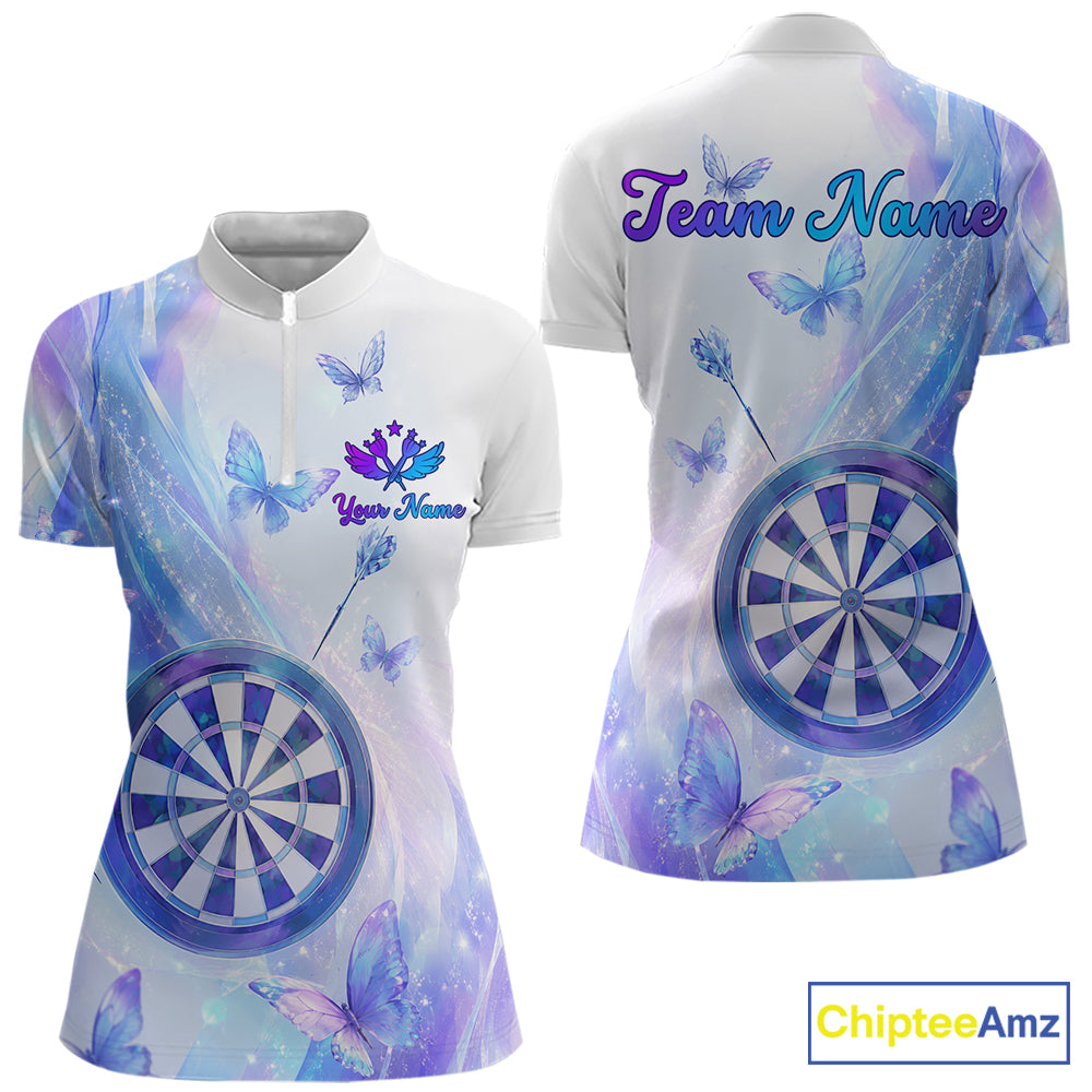 Quarter zip shirt with butterfly and dart design on a pastel background, featuring customizable "Your Name" and "Team Name" 