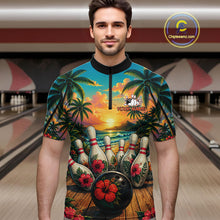 Load image into Gallery viewer, Man wearing a tropical hibiscus ocean scene bowling quarter zip shirt in a bowling alley, featuring customizable player name and team name text.