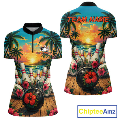 Women's bowling quarter zip shirt featuring a tropical hibiscus and ocean scene design, with customizable player name and team name text.