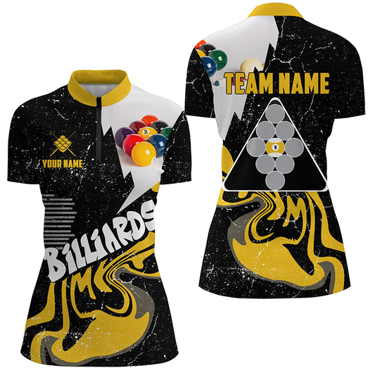 Personalized 9 Ball Billiard Shirts For Women Custom Grunge Yellow Black 9 Ball Pool Jerseys TDM1922