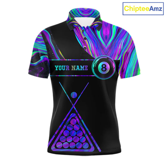 Neon purple blue 8 ball tie dye custom billiard polo shirt for men, pool team jersey and tournament apparel.