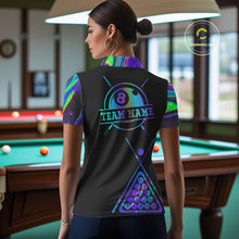 Load image into Gallery viewer, Back view of woman wearing a neon purple blue 8 ball tie dye 8 ball pool jersey.