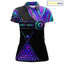 Load image into Gallery viewer, Neon purple blue 8 ball tie dye custom billiard polo shirt for women, pool team jersey and tournament apparel.