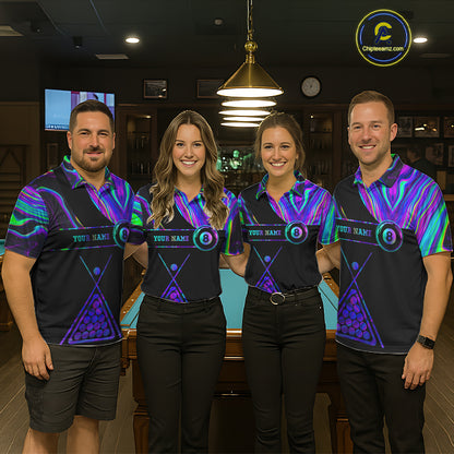 Pool team wearing matching neon purple blue 8 ball tie dye billiard jerseys front view.