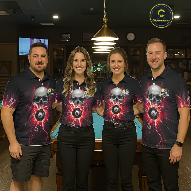 Red 8 Ball & 9 Ball Skull Billiard Shirt For Women Custom Glass Break Pool Team Jersey Polo, 1/4 Zip TDM5973