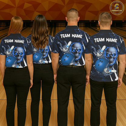 Personalized Skull Bowling Jersey For Women Custom Bowling Team Shirt Polo & Quarter Zip | Blue TDM6206