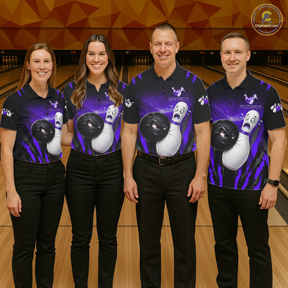 Funny Bowling Ball Custom Black And Purple Women's Bowling Shirt, Bowling Team Jersey Polo & 1/4 Zip TDM6212