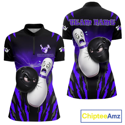 Funny Bowling Ball Custom Black And Purple Women's Bowling Shirt, Bowling Team Jersey Polo & 1/4 Zip TDM6212