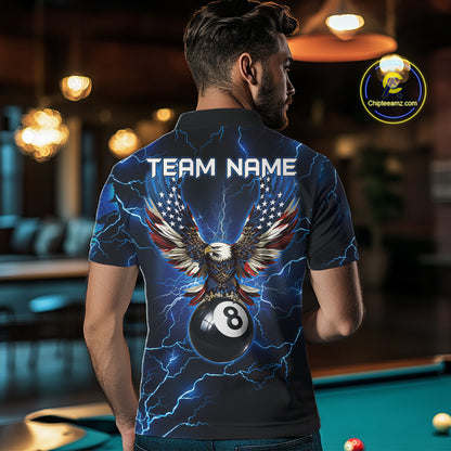Back view of man wearing a blue thunder lightning pool team shirt in a billiards hall.