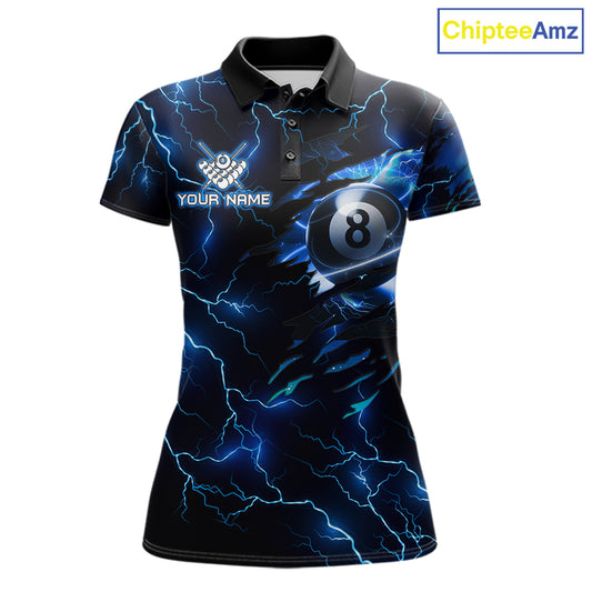 Custom blue thunder lightning pool jersey for women with bold 8 ball billiard artwork.