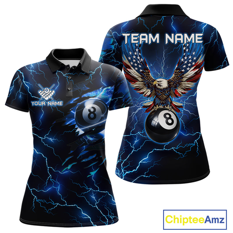 Women’s blue thunder lightning billiard polo shirt with American flag graphics for pool league players.