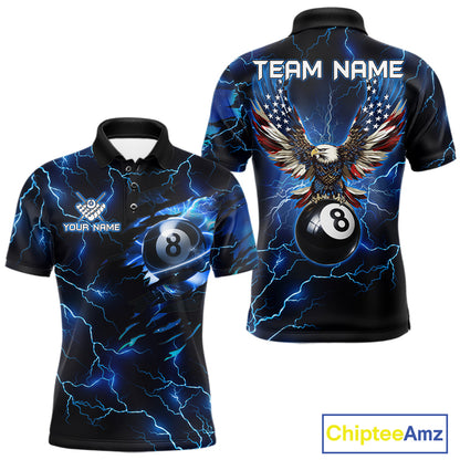 Men’s blue thunder lightning billiard polo shirt with American flag graphics for pool league players.