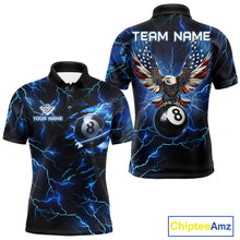 Load image into Gallery viewer, Men’s blue thunder lightning billiard polo shirt with American flag graphics for pool league players.