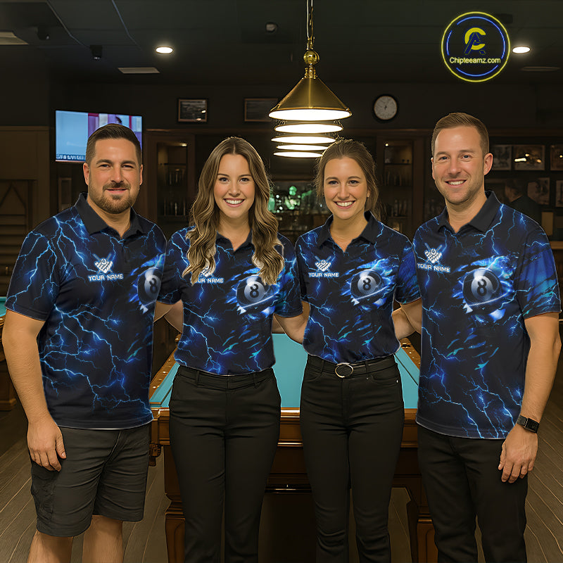 Pool team wearing matching blue thunder billiard jerseys during league play front view.