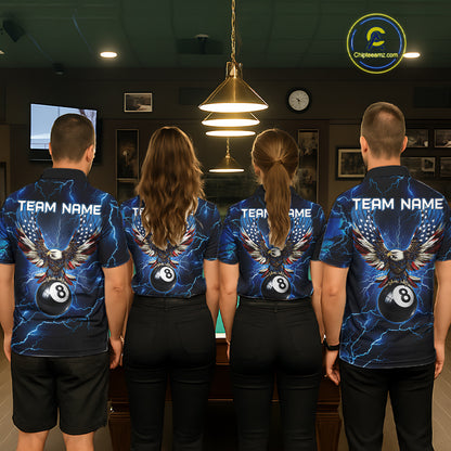 Back view of pool players wearing custom blue thunder billiard shirts in a game room