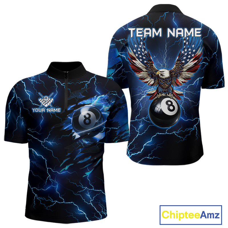 Men’s blue thunder lightning billiard quarter zip shirt designed for tournaments and team play.