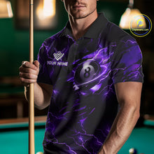 Load image into Gallery viewer, Man wearing a purple thunder lightning billiard jersey beside a pool table front view.