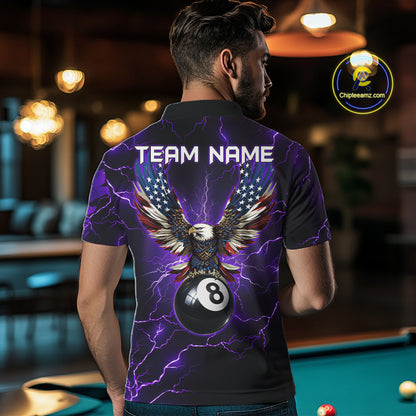 Back view of man wearing a purple thunder lightning pool team shirt in a billiards hall.