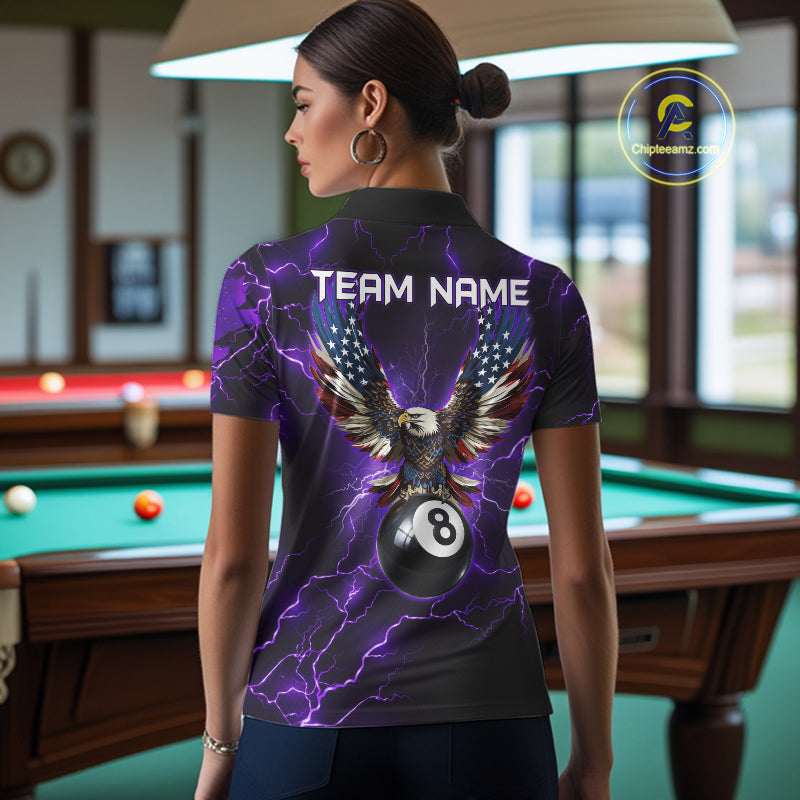 Back view of woman wearing a purple thunder lightning pool team shirt in a billiards hall.