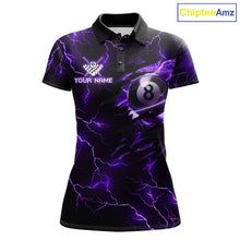 Load image into Gallery viewer, Custom purple thunder lightning pool jersey for women with bold 8 ball billiard graphics.