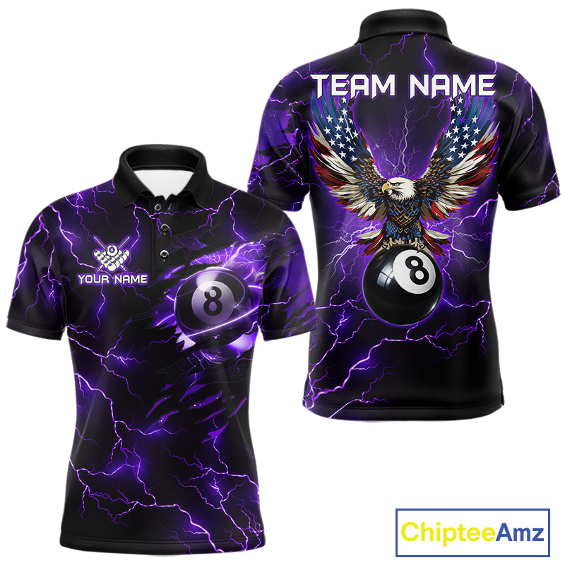 Men’s purple thunder lightning billiard polo shirt with American flag artwork for pool league players.