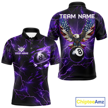 Men’s purple thunder lightning billiard polo shirt with American flag artwork for pool league players.
