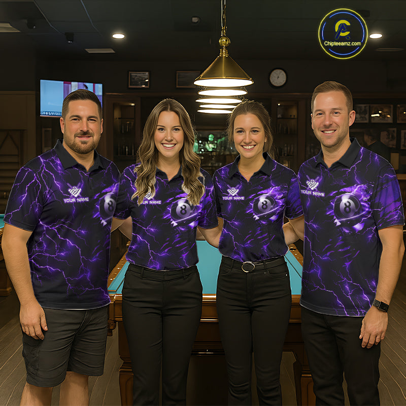 Pool team wearing matching purple thunder billiard jerseys during league play front view.