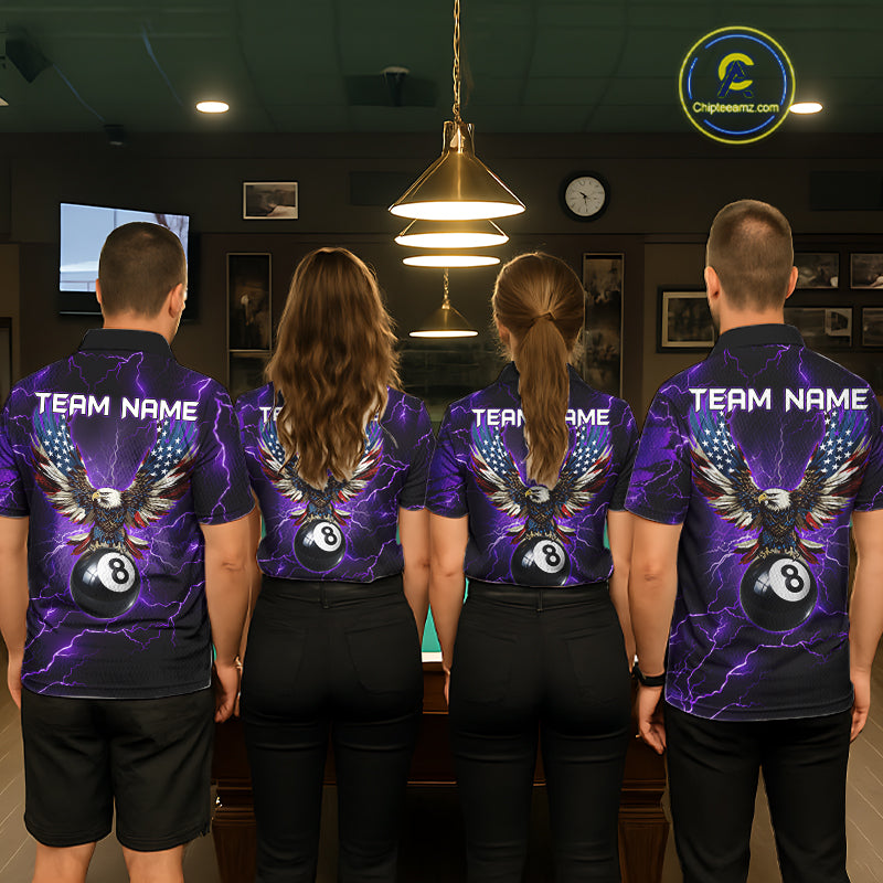 Back view of pool players wearing custom purple thunder billiard shirts in a game room.