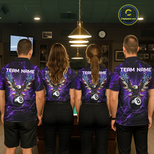 Load image into Gallery viewer, Back view of pool players wearing custom purple thunder billiard shirts in a game room.