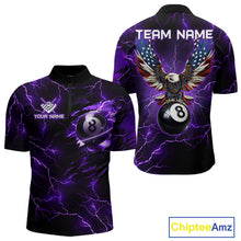 Load image into Gallery viewer, Men’s purple thunder lightning billiard quarter zip shirt for tournaments and team matches.