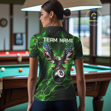 Load image into Gallery viewer, Back view of woman wearing a green thunder lightning pool team shirt in a billiards hall.