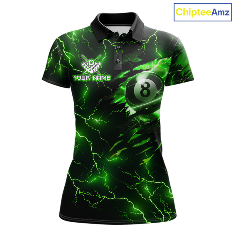 Custom green thunder lightning pool jersey for women designed for tournaments and league matches.