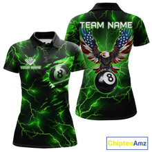 Load image into Gallery viewer, Women’s green thunder lightning billiard polo shirt with American flag graphics for pool players.