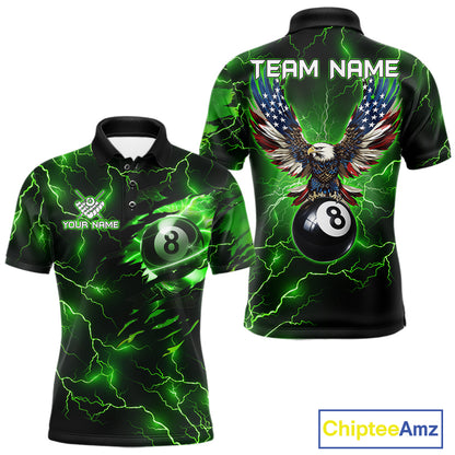 Men’s green thunder lightning billiard polo shirt with American flag graphics for pool players.